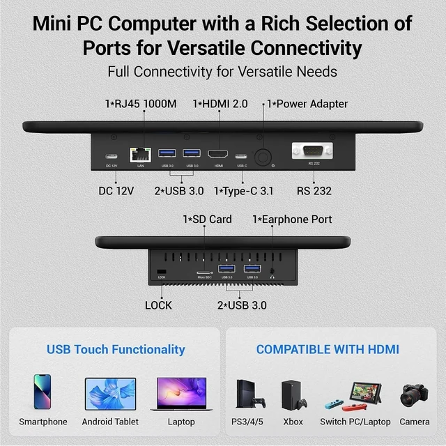 Alt view image 3 of 7 - 11.6" Mini PC Computer Industrial Embedded Panel PC N5095, Win 11 Mini Tablet with Touchscreen, 8GB RAM 128GB eMMC, Dual 4K Screen Display HDMI2.0 & Type-C3.1, Dual RS232, WiFi5, BT4.2