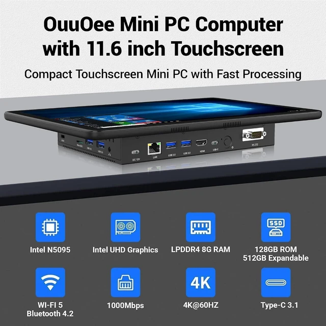 Alt view image 2 of 7 - 11.6" Mini PC Computer Industrial Embedded Panel PC N5095, Win 11 Mini Tablet with Touchscreen, 8GB RAM 128GB eMMC, Dual 4K Screen Display HDMI2.0 & Type-C3.1, Dual RS232, WiFi5, BT4.2