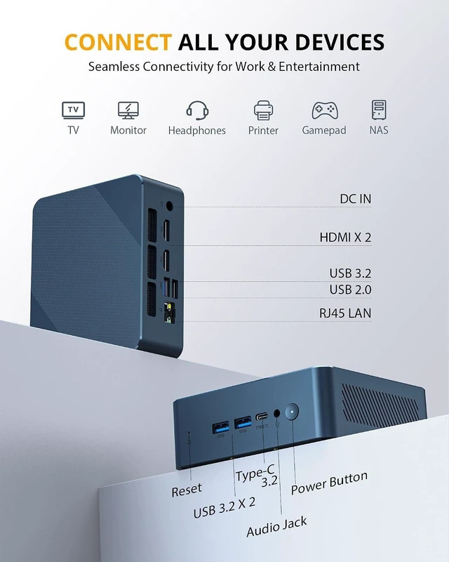 Alt view image 5 of 7 - Glorlin Mini PC, Ryzen 5 3500U, 8GB RAM/256GB SSD, WiFi6 BT5.3, Gigabit LAN