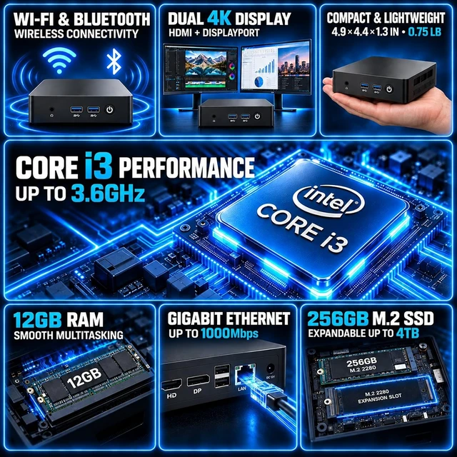 Alt view image 2 of 7 - Mini PC Computer Windows 11 Intel Core i3 Processor(Up to 3.6GHz)