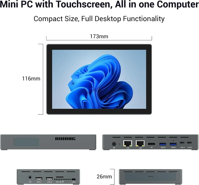 Alt view image 7 of 7 - 7" Touchscreen Mini PC, Intel N95, Win 11, 16GB LPDDR5 512GB SSD