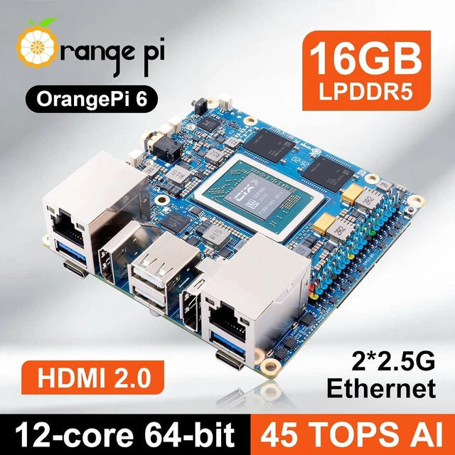 Alt view image 7 of 7 - Orange Pi 6 16GB RAM LPDDR5 12 Core 64 Bit Single Board Computer, CIX SoC 45TOPS AI NPU Mini PC Run Linux, Android, Windows, ROS2 OS with Heat Dissipation Assembly with Cooling Fan