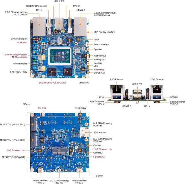 Alt view image 3 of 7 - Orange Pi 6 16GB RAM LPDDR5 12 Core 64 Bit Single Board Computer, CIX SoC 45TOPS AI NPU Mini PC Run Linux, Android, Windows, ROS2 OS with Heat Dissipation Assembly with Cooling Fan