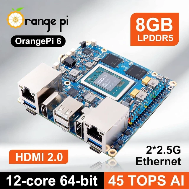 Alt view image 6 of 7 - Orange Pi 6 8GB RAM LPDDR5 12 Core 64 Bit Single Board Computer, CIX SoC 45TOPS AI NPU Mini PC Run Linux, Android, Windows, ROS2 OS with Heat Dissipation Assembly with Cooling Fan