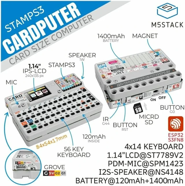Alt view image 2 of 5 - M5Stack Official Cardputer Kit with M5StampS3 - Pocket Computer Development Kit - ESP32-S3, 56-key keyboard & a 1.14"" screen, Compact, Grey