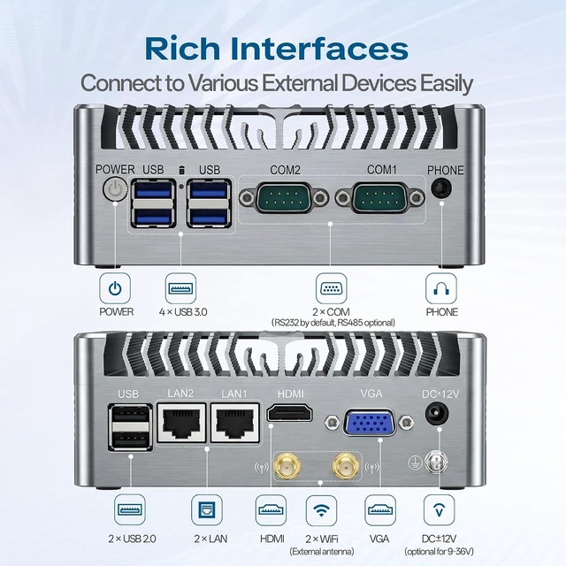 Alt view image 3 of 7 - Industrial Mini PC, Core i3-1215U(6 C/8T), 16GB RAM 512GB SSD