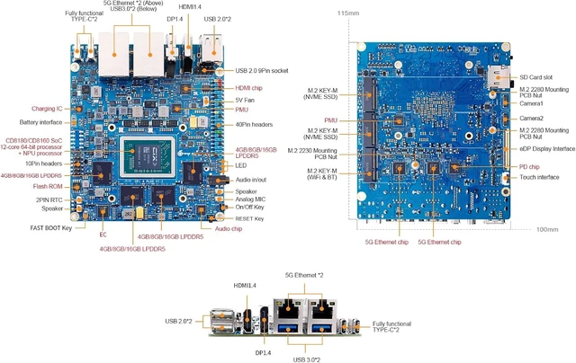 Alt view image 3 of 7 - Orange Pi 6 Plus 32GB RAM 12 Core 64 Bit LPDDR5 Single Board Computer, CIX SoC 45TOPS AI NPU Mini PC Run Linux, Android, Windows, ROS2 OS with Heat Dissipation Assembly with Cooling Fan