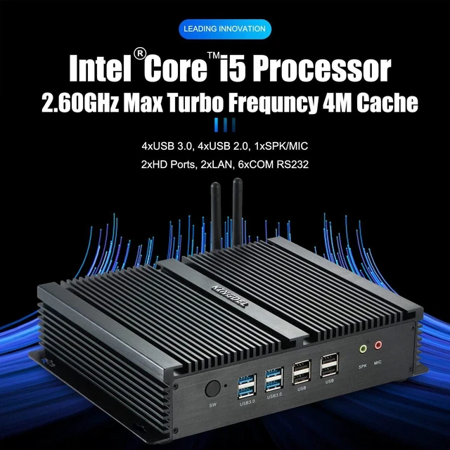 Alt view image 2 of 7 - Fanless Mini PC, i5 CPU, 4GB RAM 128GB SSD, HD Graphics 4400, 6xCOM RS232, 4xUSB 3.0, 2xNICs, 2xHD Ports Desktop Computer