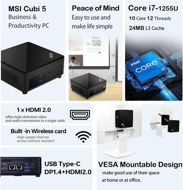 Alt view image 2 of 7 - PCONLINE Customized Desktop, Made with MSI Cubi 5 Business Compact Desktop, Intel Core i7-1255U, Support 4K, 16GB / 64GB RAM, 512GB / 1TB / 2TB SSD, DP, Wi-Fi 6, HDMI, Win 11 Pro