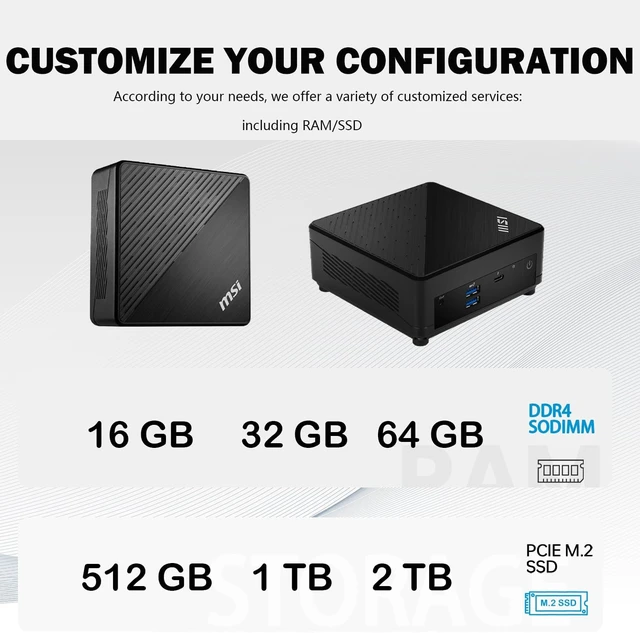 Alt view image 3 of 7 - PCONLINE Customized Desktop, Made with MSI Cubi 5 Business Compact Desktop, Intel Core i7-1255U, Support 4K, 16GB / 64GB RAM, 512GB / 1TB / 2TB SSD, DP, Wi-Fi 6, HDMI, Win 11 Pro