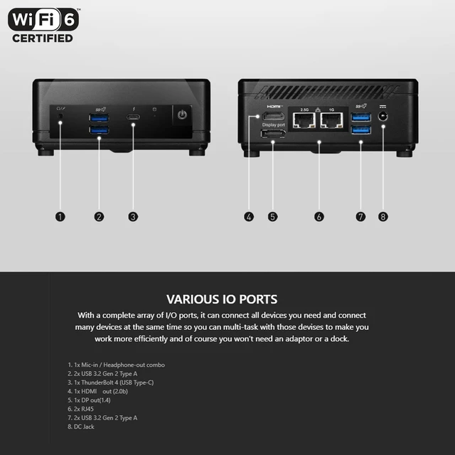 Alt view image 6 of 7 - PCONLINE Customized Desktop, Made with MSI Cubi 5 Business Compact Desktop, Intel Core i7-1255U, Support 4K, 16GB / 64GB RAM, 512GB / 1TB / 2TB SSD, DP, Wi-Fi 6, HDMI, Win 11 Pro