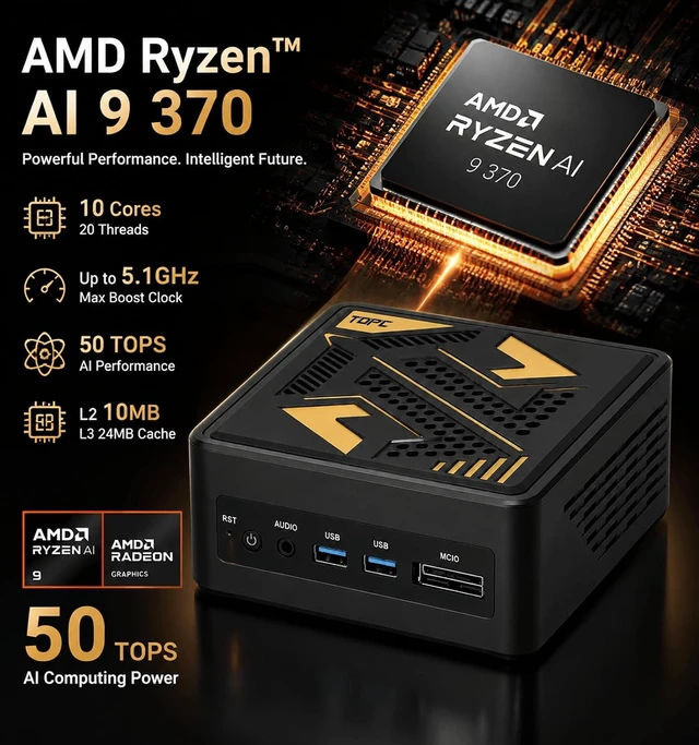 Alt view image 2 of 7 - TOPCtec TA1 Mini PC,AMD Ryzen AI 9 HX 370 CPU,32GB RAM 1TB SSD,Up to 5.1GHz