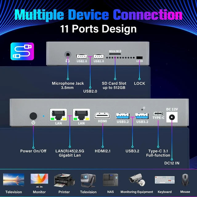 Alt view image 7 of 7 - Mini PC 12th Gen N100 Win 11 Pro 7" Screen 16GB RAM 512GB ROM Mini PC with Screen USB-C Mini Computer WiFi 5 BT 5.0 4K Display HDMI Dual 2.5GbE Desktop Computer (16+512 with Screen)