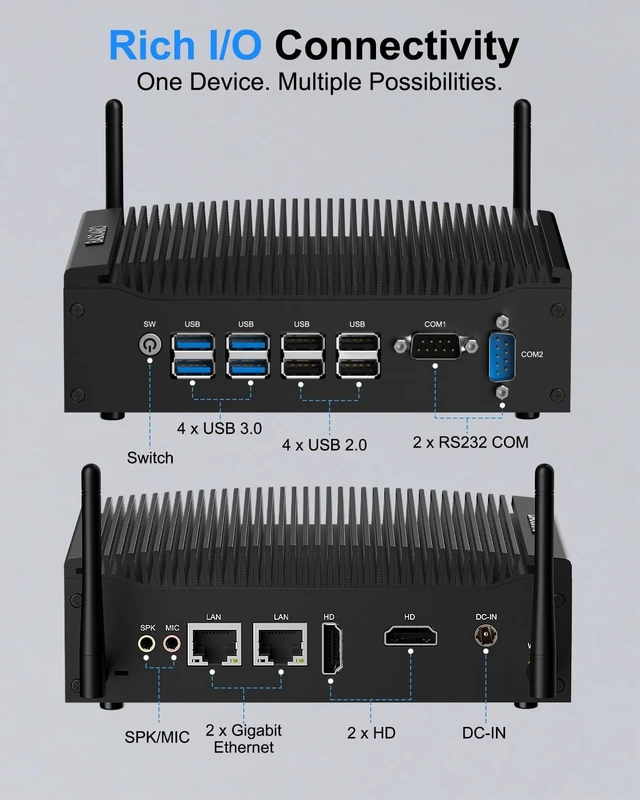 Alt view image 3 of 7 - BASOARO Industrial PC Win 11 Pro i5, Fanless Mini PC Industrial, 8GB RAM 128GB SSD Core i5 8350U, 2 RJ45 LAN, 2 HD 4K Display, 2 RS232 COM, 8 USB, WiFi, BT, Linux, Mini Desktop Computer