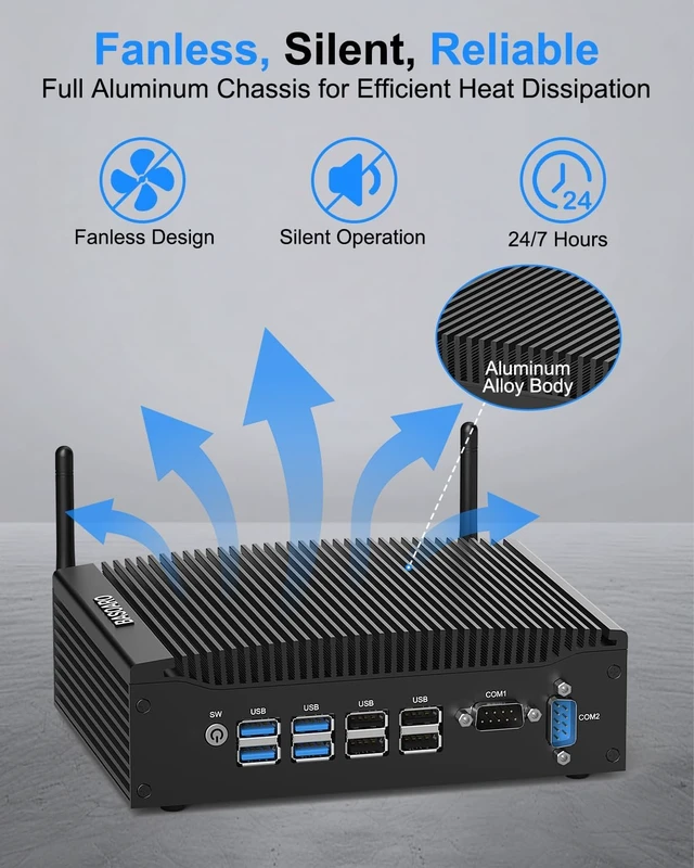 Alt view image 5 of 7 - BASOARO Industrial PC Win 11 Pro i5, Fanless Mini PC Industrial, 8GB RAM 128GB SSD Core i5 8350U, 2 RJ45 LAN, 2 HD 4K Display, 2 RS232 COM, 8 USB, WiFi, BT, Linux, Mini Desktop Computer