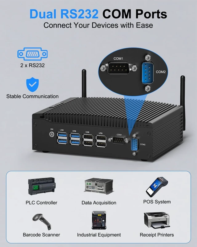 Alt view image 7 of 7 - BASOARO Industrial PC Win 11 Pro i5, Fanless Mini PC Industrial, 8GB RAM 128GB SSD Core i5 8350U, 2 RJ45 LAN, 2 HD 4K Display, 2 RS232 COM, 8 USB, WiFi, BT, Linux, Mini Desktop Computer