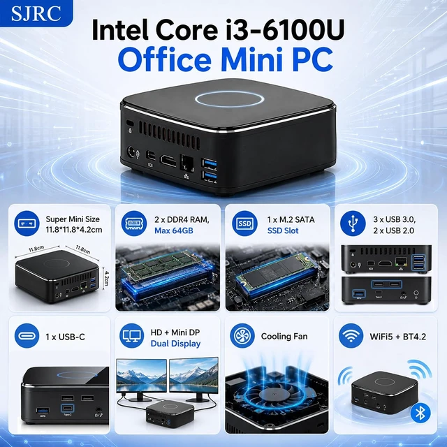 Alt view image 3 of 7 - SJRC Mini PC, Core i3-6100U (2C/4T), Mini Desktop Computer, DDR4, M.2 SATA, Barebone NO RAM/SSD/OS, 4K Dual Display, Gigabit Ethernet, Small Computer for Office, Home & School