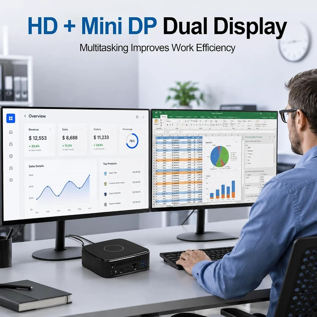 Alt view image 5 of 7 - SJRC Mini PC, Core i3-6100U (2C/4T), Mini Desktop Computer, DDR4, M.2 SATA, Barebone NO RAM/SSD/OS, 4K Dual Display, Gigabit Ethernet, Small Computer for Office, Home & School