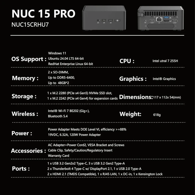 Alt view image 3 of 7 - NUC 15 Pro NUC15CRHU7 Mini PC with Intel Core Ultra 7 255H