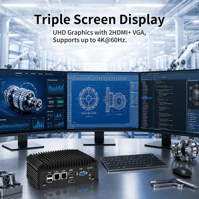 Alt view image 4 of 7 - SJRC Mini PC N150 Fanless Industrial Appliance, Dual Gigabit RJ45 LAN, 2 x RS232/RS485 COM, Embedded Mini Computer, 2 x HD & VGA, M.2 NVMe, mPCle, DDR4 32GB RAM 1TB SSD