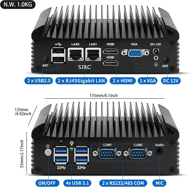 Alt view image 5 of 7 - SJRC Mini PC N150 Fanless Industrial Appliance, Dual Gigabit RJ45 LAN, 2 x RS232/RS485 COM, Embedded Mini Computer, 2 x HD & VGA, M.2 NVMe, mPCle, DDR4 32GB RAM 1TB SSD