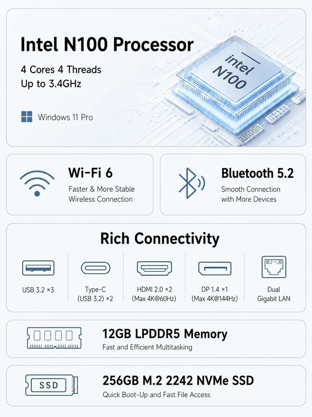 Alt view image 2 of 7 - Mini PC N100 (Turbo 3.4GHz), 12GB LPDDR5 RAM 256GB M.2 SSD Small Desktop Computer, 4K HDMI DP/3 x USB3.2 Wi-Fi 6/BT 5.2, HTPC/Business Office Micro Pc