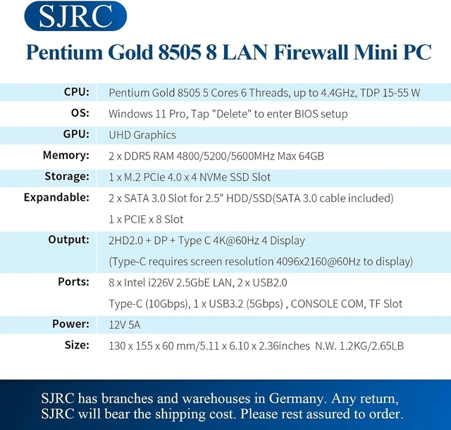 Alt view image 6 of 7 - SJRC Mini PC Firewall Micro Appliance, 12th Gen Pentium Gold 8505, 8 x i226V 2.5GbE LAN, DDR5 16GB RAM 256GB NVMe SSD, Support OPNsense, USB3.2, Type-C, TF Slot, 4 Display, Console