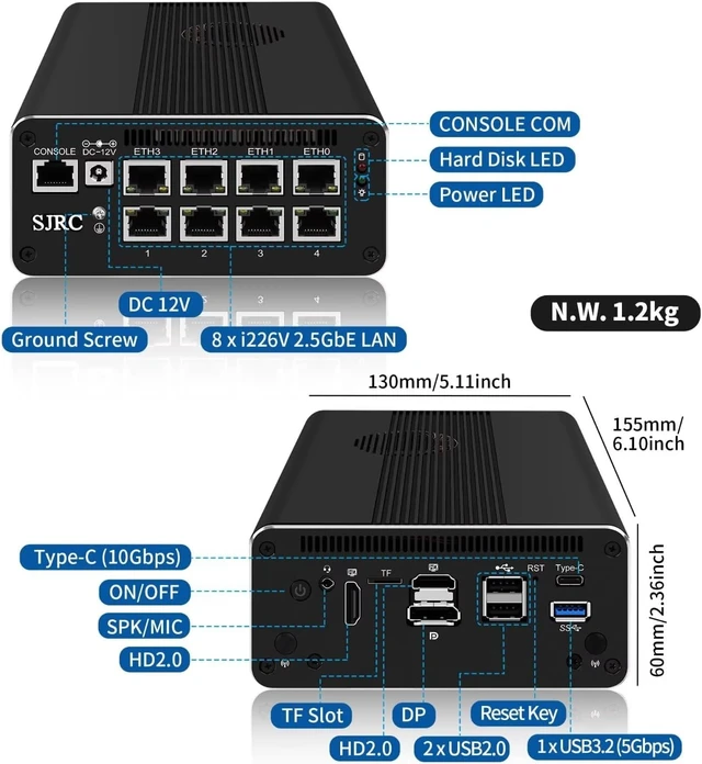 Alt view image 7 of 7 - SJRC Mini PC Firewall Micro Appliance, 12th Gen Pentium Gold 8505, 8 x i226V 2.5GbE LAN, DDR5 16GB RAM 256GB NVMe SSD, Support OPNsense, USB3.2, Type-C, TF Slot, 4 Display, Console
