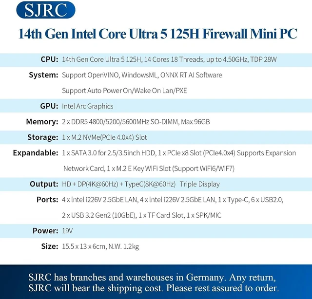 Alt view image 7 of 7 - SJRC Firewall Mini PC Gaming Core Ultra 5 125H((14C/18T, up to 4.5GHz), Barebone NO RAM/SSD/OS, 8 x i226V 2.5GbE LAN, 2 x USB 3.2 Gen2, 6 x USB2.0, HD+DP+Type-C 40Gbps, Win/Linux Support