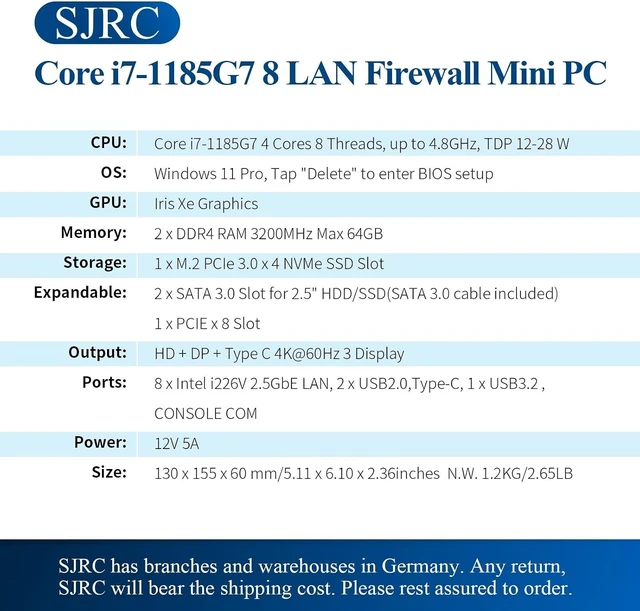 Alt view image 3 of 7 - SJRC Mini PC Core i7 1185G7, Micro Firewall Appliance 8 x i226-V 2.5GbE LAN, Home/Office Hardware Support OPNsense/Win 11, Console, Triple 4K HD/DP/USB C, Barebone (No RAM/SSD/OS)