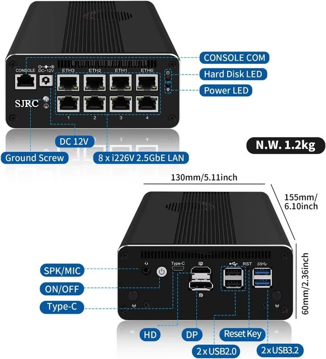 Alt view image 4 of 7 - SJRC Mini PC Core i7 1185G7, Micro Firewall Appliance 8 x i226-V 2.5GbE LAN, Home/Office Hardware Support OPNsense/Win 11, Console, Triple 4K HD/DP/USB C, Barebone (No RAM/SSD/OS)