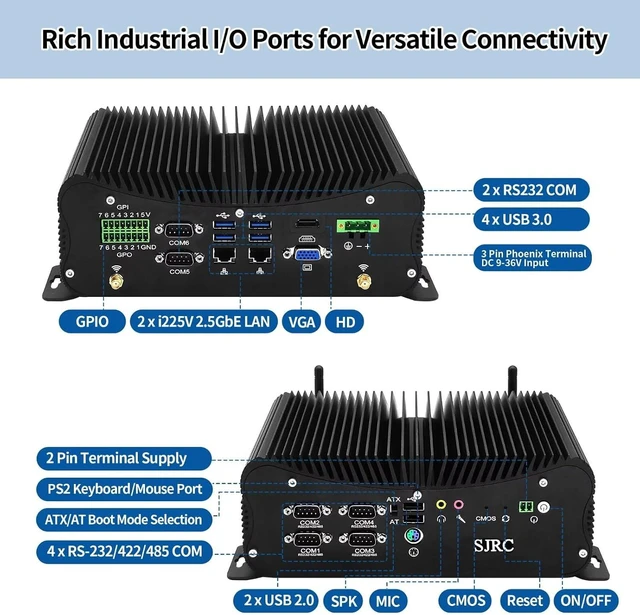 Alt view image 3 of 7 - SJRC Industrial Fanless Mini PC with Core i7-1195G7, 6 RS-232/485 COM DDR4, 2.5GbE LAN, HD+VGA, 6 USB, Opnsense/Linux Support, Barebone NO RAM/SSD/OS,14pin GPIO