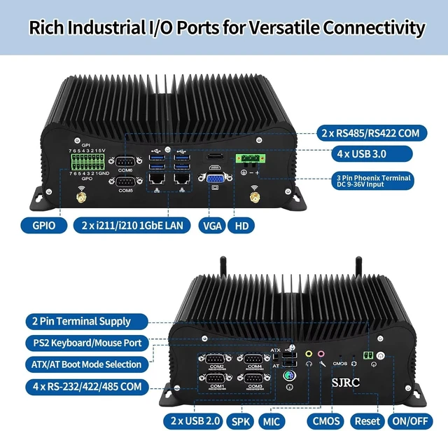 Alt view image 3 of 7 - SJRC Industrial Mini PC Core i7-10610U Fanless,DDR4 Barebone NO RAM/SSD/OS, 6 RS232/485 COM, Gbe LAN, 6 USB, GPIO, Support Win/Linux, 9-36V 3pin DC