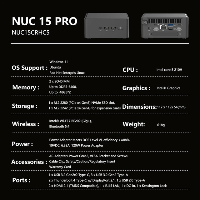 Alt view image 4 of 7 - NUC 15 Pro NUC15CRHC5 Mini PC with Intel Core 5 210H