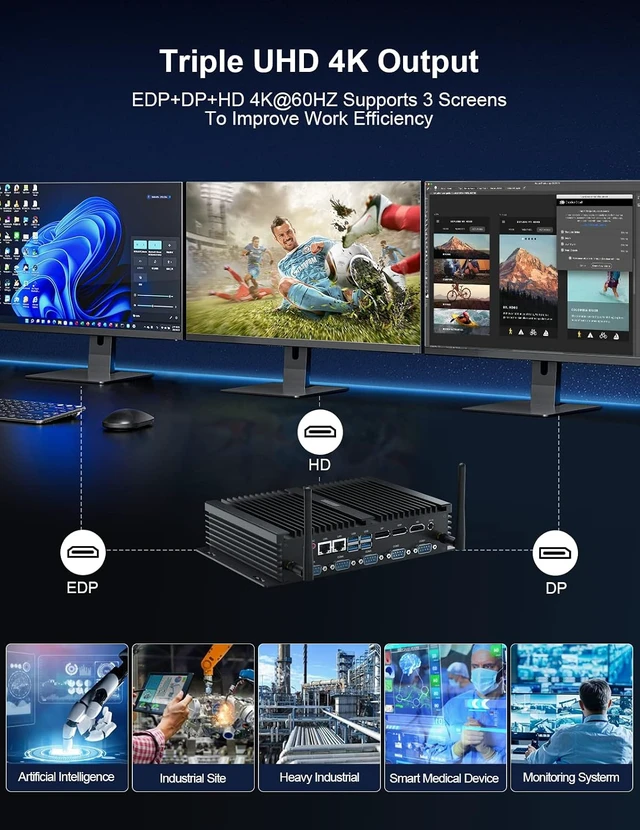Alt view image 2 of 7 - HYSTOU Mini PC Windows 11 Pro, Mini Industrial Computer 8th i5-8250U(up to 3.4GHz) 8GB DDR4 512GB SSD Fanless mini pc, 4K Triple Display, WIFI5/BT4.2, 6RS232COM, Dual Gigabit Lan, VESA Mount, SIM Slot