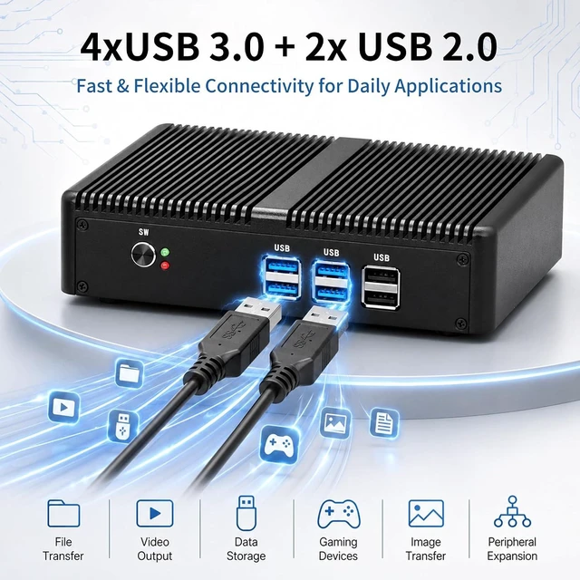 Alt view image 5 of 7 - SJRC Fanless Mini PC, Core i3-6006U Mini Desktop Computer with 4K HD + VGA, Gigabit LAN, 8GB RAM 256GB mSATA SSD, Small Form Factor PC for Home Office, Business, Linux