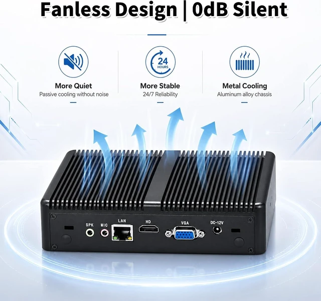 Alt view image 7 of 7 - SJRC Fanless Mini PC, Core i3-6006U Mini Desktop Computer with 4K HD + VGA, Gigabit LAN, 8GB RAM 256GB mSATA SSD, Small Form Factor PC for Home Office, Business, Linux