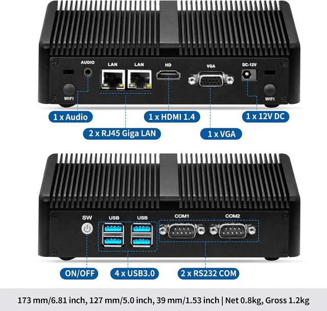 Alt view image 4 of 7 - SJRC Fanless Mini PC, Core i5-4200U Industrial Micro Computer, Dual Gigabit RJ45 LAN Ports, 2 x RS232 COM, Embedded Linux miniPC, Barebone NO RAM/SSD/OS, HD + VGA, Mini PCIe