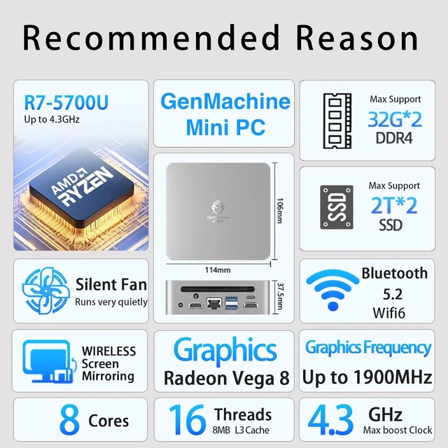 Alt view image 2 of 7 - Mini PC AMD Ryzen 7 5700U (up to 4.3GHz) 8c/16t 16GB DDR4512GB SSD & M.2 NVME AMD Redeon Vega8 Wifi6/BT5.2/HDMI/4K Mini Desktop PC for Business/School/Office Micro pc