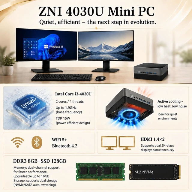 Alt view image 3 of 7 - Mini PC Core 4030U, 8GB DDR3 128GB M.2 SSD, Dual HDMI 2K, WiFi 5 BT 4.2, Low Power Consumption Small Desktop Computer for Home/Office/Business