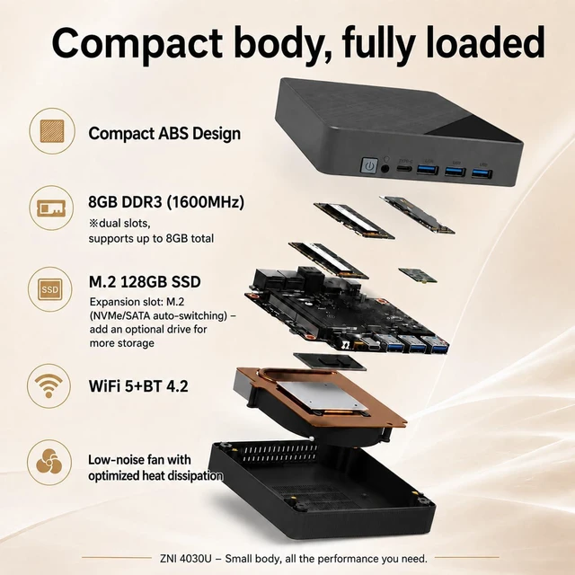 Alt view image 5 of 7 - Mini PC Core 4030U, 8GB DDR3 128GB M.2 SSD, Dual HDMI 2K, WiFi 5 BT 4.2, Low Power Consumption Small Desktop Computer for Home/Office/Business