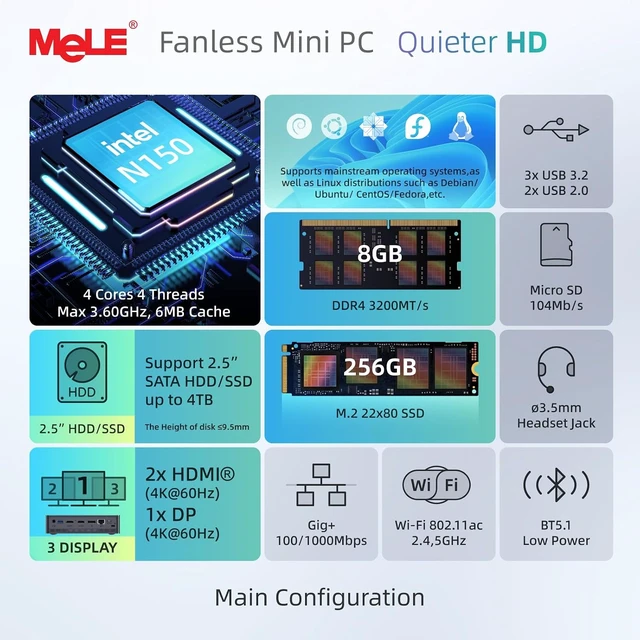 Alt view image 2 of 7 - MeLE QuieterHD3 Business-Grade N150 Fanless Mini PC 8GB RAM DDR4 256GB