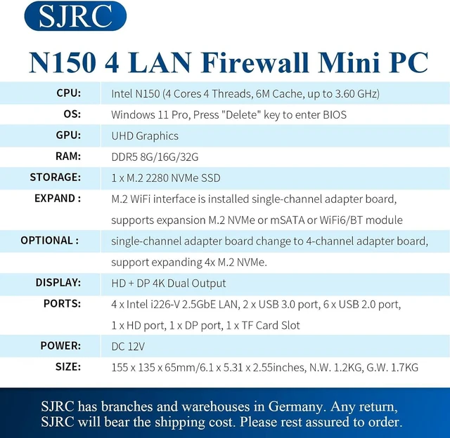 Alt view image 3 of 6 - SJRC Fanless N150 Firewall Appliance (up to 3.6GHz), 4 x i226V 2.5GbE LAN Mini PC for Office/Home, Barebone DDR5 Micro PC, 8 USB, Support OPNsense, 4K (HD+DP), No RAM/SSD/OS