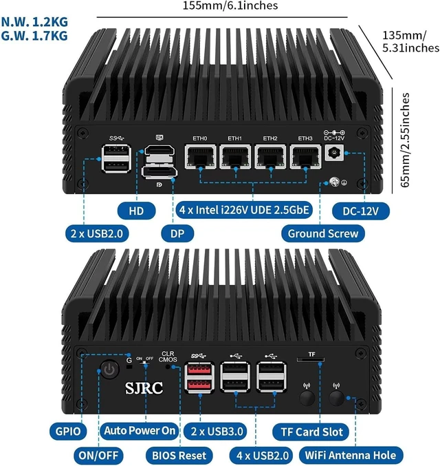 Alt view image 5 of 6 - SJRC Fanless N150 Firewall Appliance (up to 3.6GHz), 4 x i226V 2.5GbE LAN Mini PC for Office/Home, Barebone DDR5 Micro PC, 8 USB, Support OPNsense, 4K (HD+DP), No RAM/SSD/OS