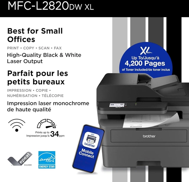 Alt view image 2 of 7 - Brother MFC-L2820DW XL Wireless Compact Monochrome All-in-One Laser Printer with Copy, Scan and Fax, Duplex, Black & White | Up to 4,200 Pages of Toner Included(1), Works with Alexa
