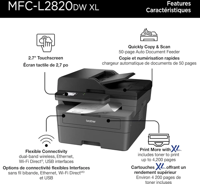 Alt view image 3 of 7 - Brother MFC-L2820DW XL Wireless Compact Monochrome All-in-One Laser Printer with Copy, Scan and Fax, Duplex, Black & White | Up to 4,200 Pages of Toner Included(1), Works with Alexa