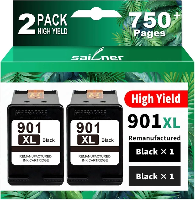 Main image of SAILNER 901XL Black Ink Cartridges(2-Pack) Remanufactured Ink for HP 901 901XL Ink Cartridges Work for HP Officejet 4500 J4524 J4540 J4550 J4580 J4624 J4680 Printer Ink 901 XL (High-Yield Black)