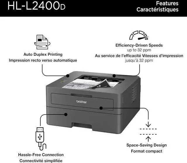 Alt view image 3 of 7 - Brother HL-L2400D Compact Monochrome Laser Printer with Duplex Printing, USB connectivity (Cable Sold Separately), Black & White Output