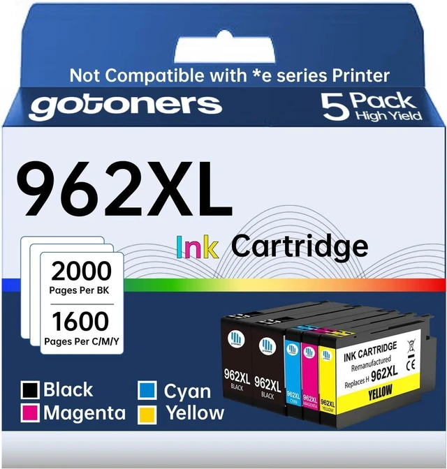 Main image of 5 Pack 962XL Gotoners Replacement for HP 962 XL Ink Cartridge with Latest Chip for HP OfficeJet Pro 9015 9010 9025 9018 9020 9012 (Black, Cyan, Magenta, Yellow) Do Not Work with HP*e Series Printer