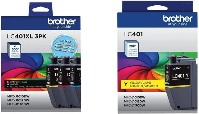 Main image of Brother Genuine LC401XL 3PK High Yield 3-Pack Color -Ink -Cartridges Includes 1- -Cartridge Each of Cyan, Magenta and Yellow -Ink. & Genuine LC401Y Standard-Yield Yellow Ink Cartridge